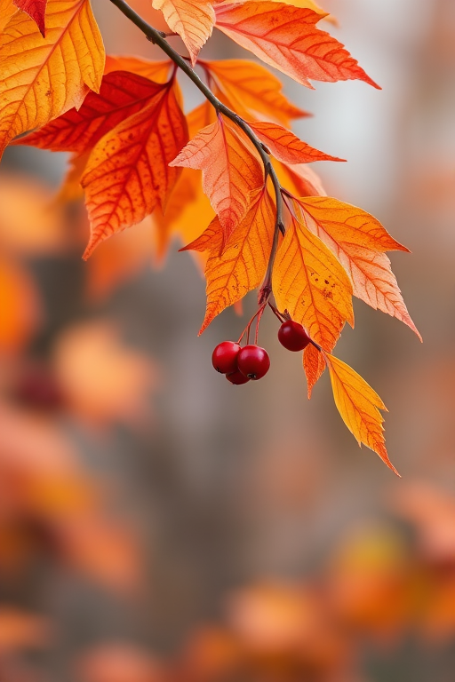 a close-up of autumn leaves with vibrant orange and yellow colors and small red berries hanging from a slender branch against a blurred background