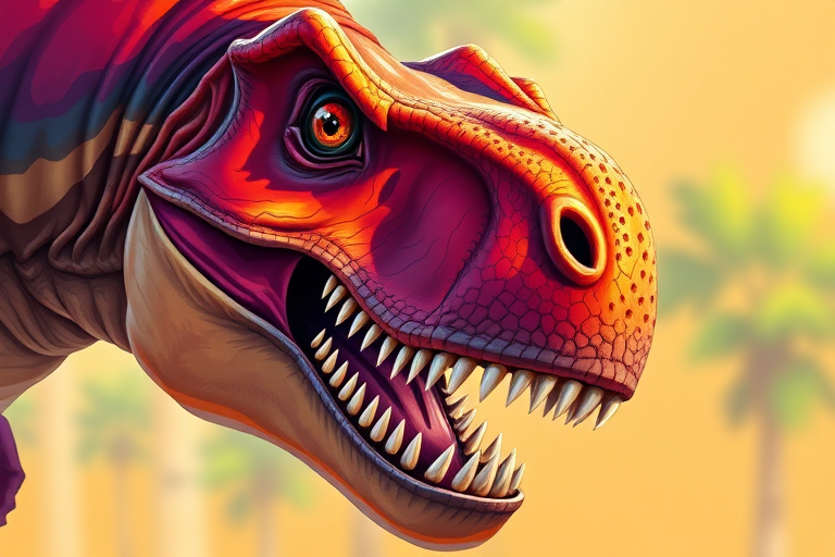 Create a vibrant illustration of a Tyrannosaurus Rex head with exaggerated features, using a digital painting style, set in high resolution, 300 DPI, with a camera view that emphasizes details of the face, include a shallow depth of field to blur the background and enhance focus on the dinosaur's expressive eyes and sharp teeth.