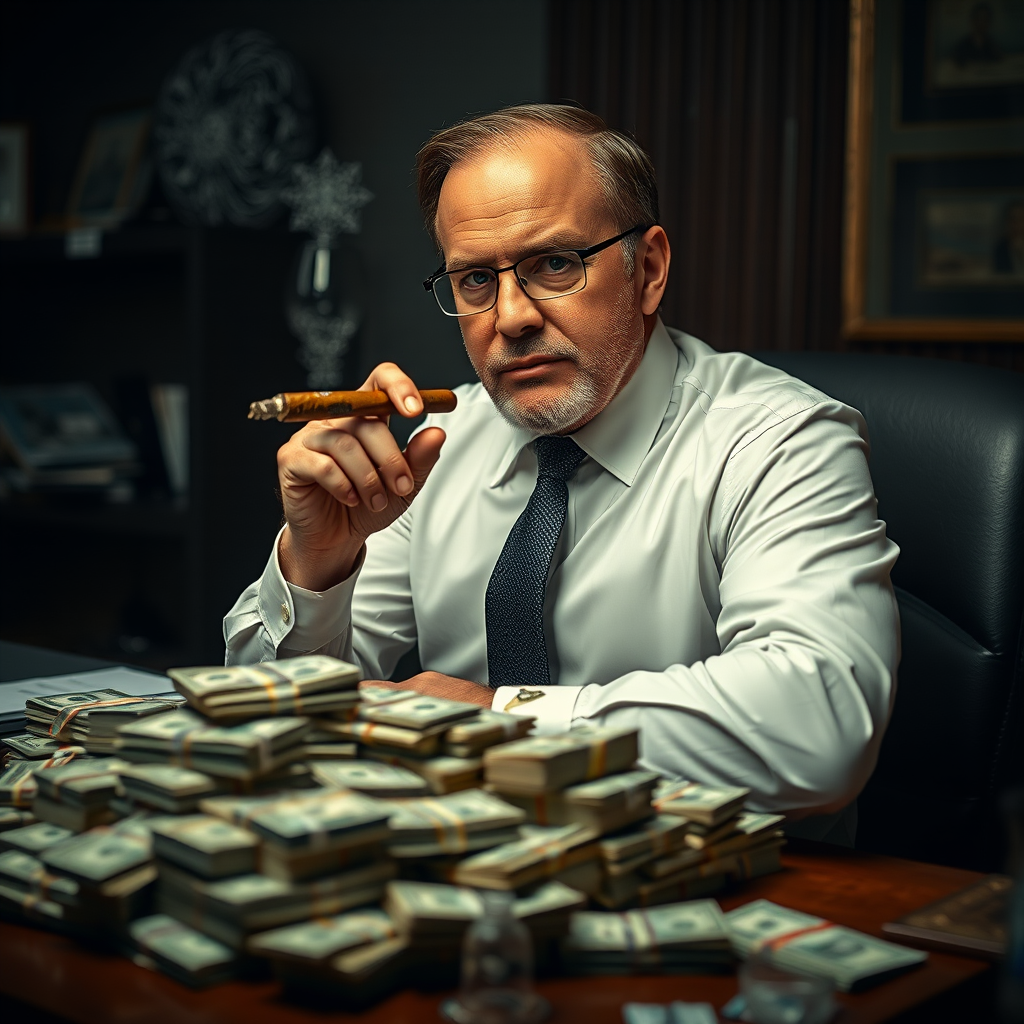 Create a dramatic portrait of a wealthy businessman sitting at a desk covered in stacks of money, with a cigar in hand, using a Canon EOS R5, 50mm lens, f/1.8 aperture, ISO 100, soft lighting for a cinematic effect, captured from eye level to emphasize authority.