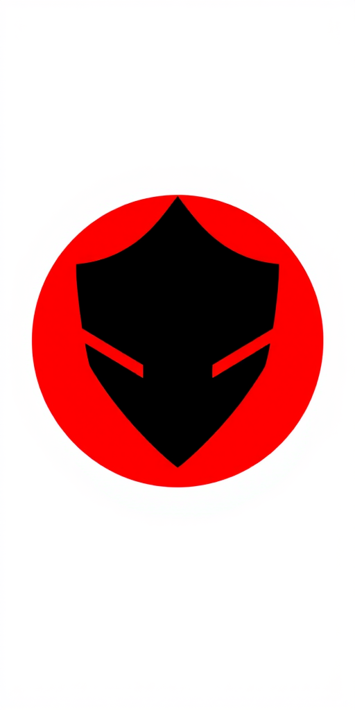 Create a high-resolution digital illustration of a logo featuring a black silhouette of a shield-like shape with a pointed top, set against a bold red circular background, using a DSLR camera with a 50mm lens, ISO 100, f/2.8 aperture, and a shallow depth of field for enhanced clarity and color vibrancy.