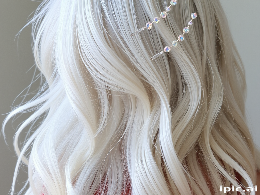 Ethereal silver-white hair flowing in loose, ethereal waves, adorned with iridescent crystal hair pins that catch the light, embodying the ethereal "Stardust Dream" style