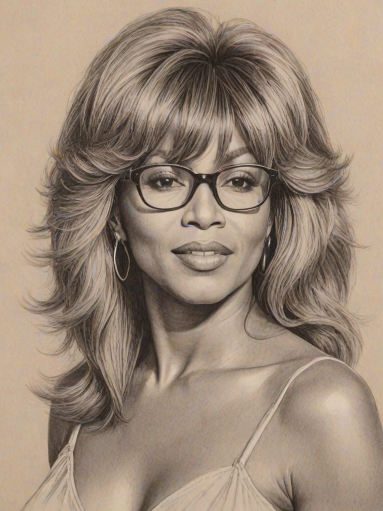 Alluring Tina Turner, pencil sketch, portrait of Exquisite woman 1976s in glasses, hair style beatnik, outline, clear lines, fine lines, 8k