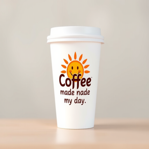 Create a high-resolution digital illustration of a coffee cup with a smiling sun logo and the text "Coffee made my day," using a DSLR camera with a 50mm lens, aperture set to f/2.8, ISO 100, and a soft focus background to enhance image quality.
