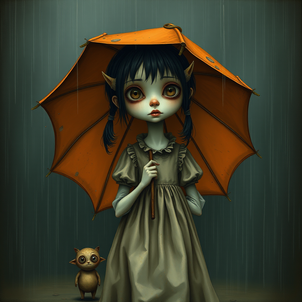 An eerie, weird little girl with dark hair in thin pigtails, wearing a smock dress, standing in the rain, holding a dirty orange umbrella, a small, odd creature beside her. In a surreal style inspired by Nicoletta Ceccoli and Brian Froud. Dark fantasy themes
