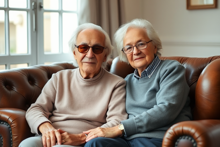 Generate a high-quality portrait of an elderly couple seated in a vintage leather armchair, with soft natural lighting, shot from a slightly elevated angle using a DSLR camera, aperture set to f/2.8 for a shallow depth of field, ISO 100 for clarity, and a focal length of 50mm to enhance detail and color richness.