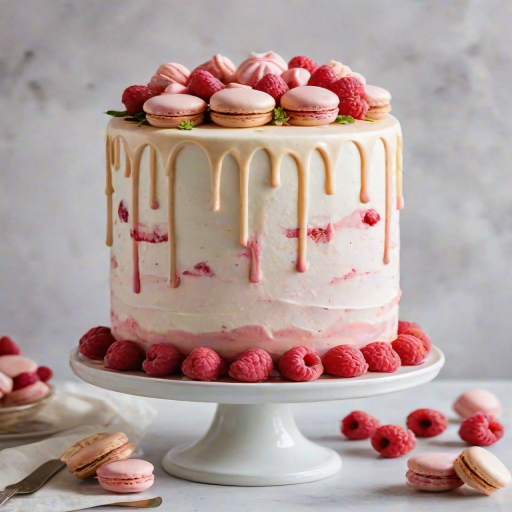 Create a beautiful cake featuring a smooth white frosting with a pink drip effect around the edges. Decorate the top with fresh raspberries, small pink macarons, and delicate meringue kisses. Add a touch of greenery for contrast and place the cake on a simple, elegant cake stand. Use a light, airy background to emphasize the cake's vibrant colors.