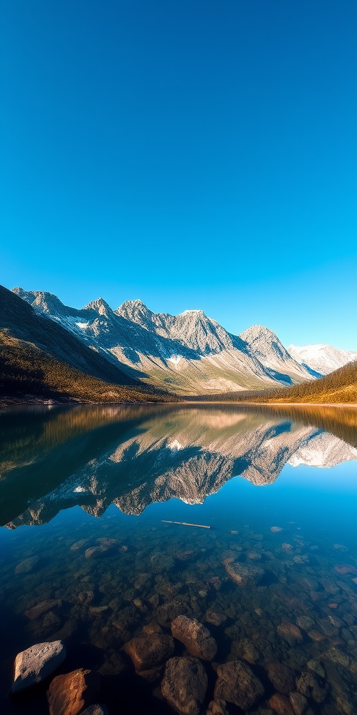 Capture a serene landscape of a mountain lake with clear blue skies, showcasing the reflection of the mountains in the water, using a Canon EOS R5, 24mm lens, f/8 aperture, ISO 100, 1/200 sec shutter speed, wide-angle perspective, and high dynamic range for enhanced detail.