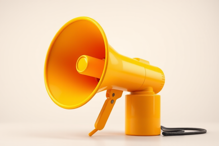 Create a high-resolution vector illustration of a bright yellow megaphone and a small cylindrical object, using a Canon EOS R5 camera with a 50mm f/1.2 lens, aperture set to f/8, ISO 100, and a shallow depth of field for enhanced clarity and color vibrancy.