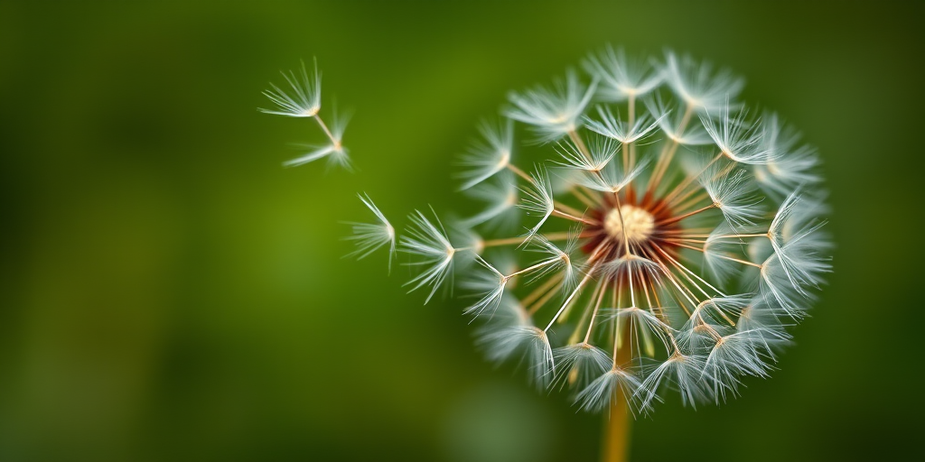 macro shot of dandelion seeds floating in the air with a blurred green background, ISO 100, f/2.8, 1/500s, shot with a Canon EOS R5 using a 100mm f/2.8 macro lens, soft focus style