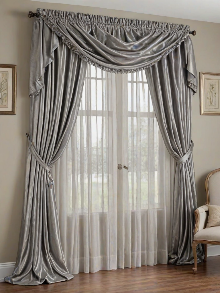 regenerate an elegant silver curtain valance with a draped and ruffled design, showcasing a luxurious sheen and soft folds, against a transparent background