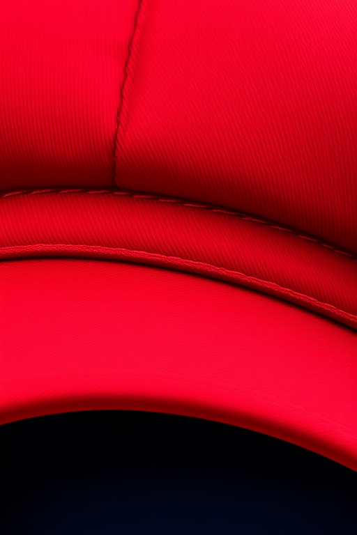 Create a vibrant illustration of a red hat with a smooth texture and curved shape, captured in a close-up view, using a Canon EOS R5 camera, 50mm lens, aperture f/2.8, ISO 100, and a soft focus background to enhance the hat's details.