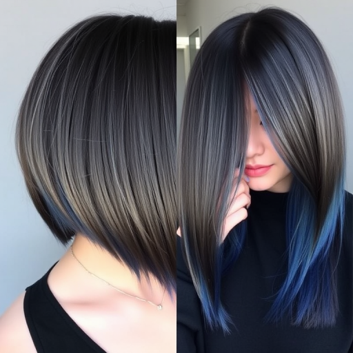 Smoky grey ombre hair transitioning to steel blue tips, styled in a sleek and straight lob with a deep side part, creating a sophisticated and edgy look called Twilight Horizon