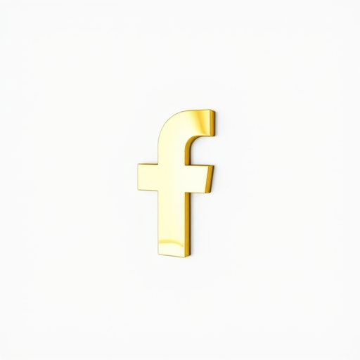 Create a high-resolution image of a shiny gold Facebook logo on a white background, using a DSLR camera with an aperture of f/2.8, ISO 100, and a 50mm lens, shot in a soft natural light setting for enhanced clarity and detail.