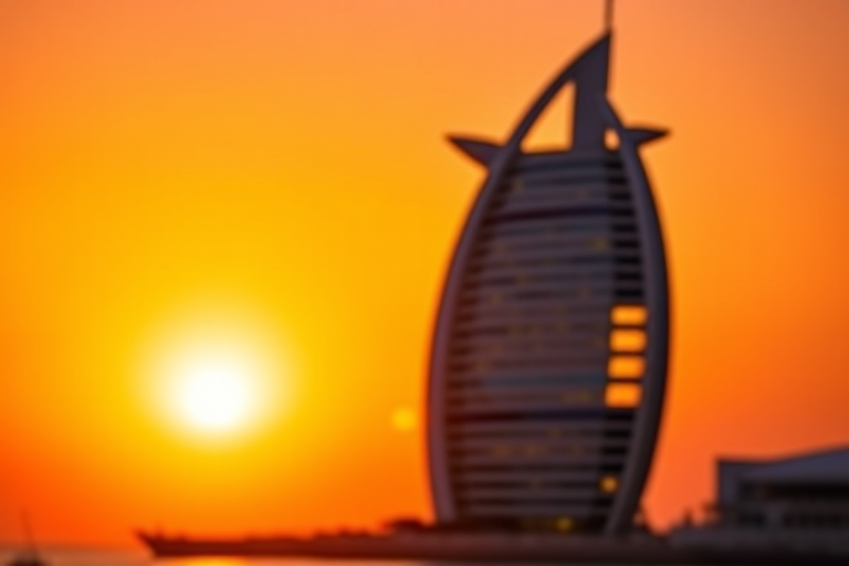 Create a vibrant sunset image of the Burj Al Arab in Dubai, with a blurred background and lens flares, using a DSLR camera with a 50mm lens, aperture f/1.8, ISO 100, 1/500 sec shutter speed, focused on the building while maintaining a warm color palette.