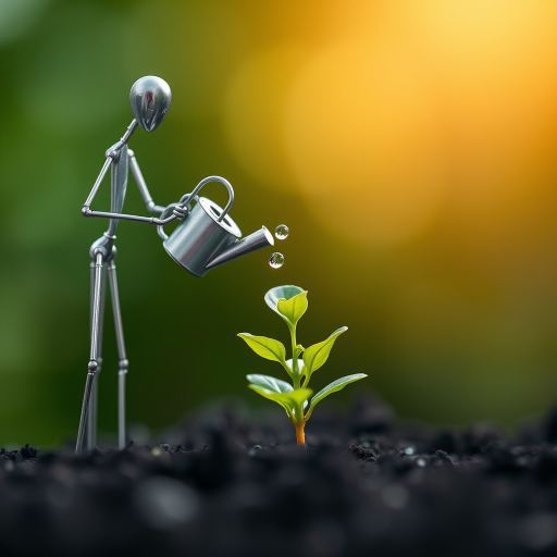 A metal figurine of a person, constructed from thin, silver rods, stands on the left side of the image, facing the viewer. The figurine is holding a small watering can and pouring water onto a young plant, with a few droplets in the air. The plant, with lush green leaves, is situated in the center, growing from dark soil. The background is a soft, out-of-focus blur of green, illuminated by warm, natural light.  The composition creates a sense of depth and intimacy. The image evokes feelings of growth, nurture, and hope.