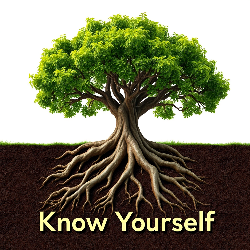 Tree with deep roots: The roots will clearly say "Know Yourself" to represent self-awareness.