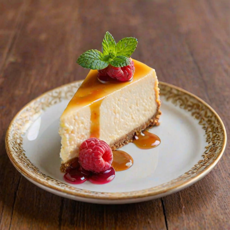 Generate an image of a slice of cheesecake displayed on a decorative plate. The cheesecake has a golden, caramelized top with a smooth, creamy texture. It is garnished with fresh raspberries and a small mint leaf. The background should be softly blurred to emphasize the dessert.