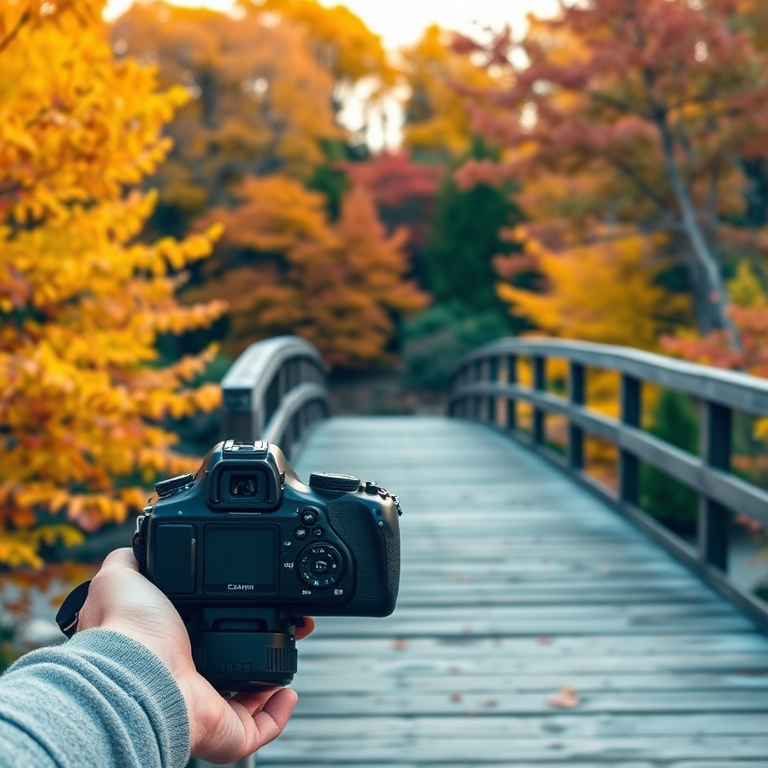 Capture a scenic view of a wooden bridge surrounded by vibrant autumn foliage, using a DSLR camera with a 50mm lens, aperture set to f/2.8 for shallow depth of field, ISO 200 for optimal clarity, shooting in landscape orientation during golden hour for warm light and enhanced colors.