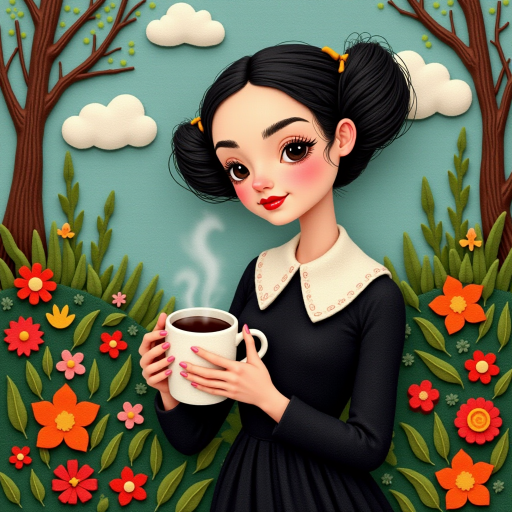 Wednesday Addams holding a steaming coffee mug, depicted in colorful felt textures. The artwork has a serene and tranquil atmosphere, emphasizing the beauty of nature, and evokes a nostalgic and whimsical feeling suitable for children's picture books, greeting cards, and home decor.