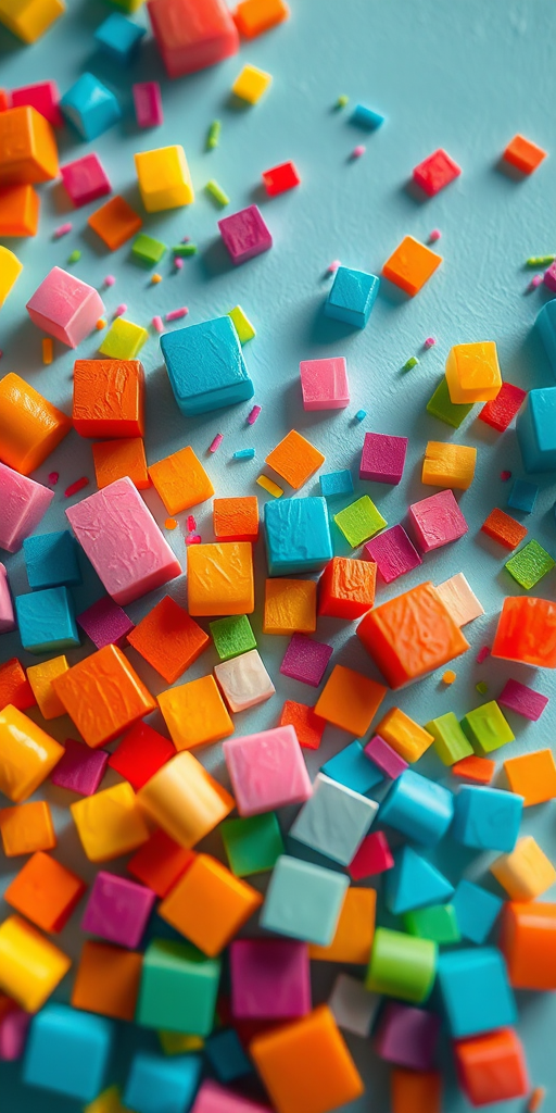 Create a vibrant, high-resolution image of colorful geometric shapes scattered playfully, captured with a Canon EOS R5 at f/2.8, ISO 100, 1/200s shutter speed, top-down view, using a macro lens to enhance detail and clarity.