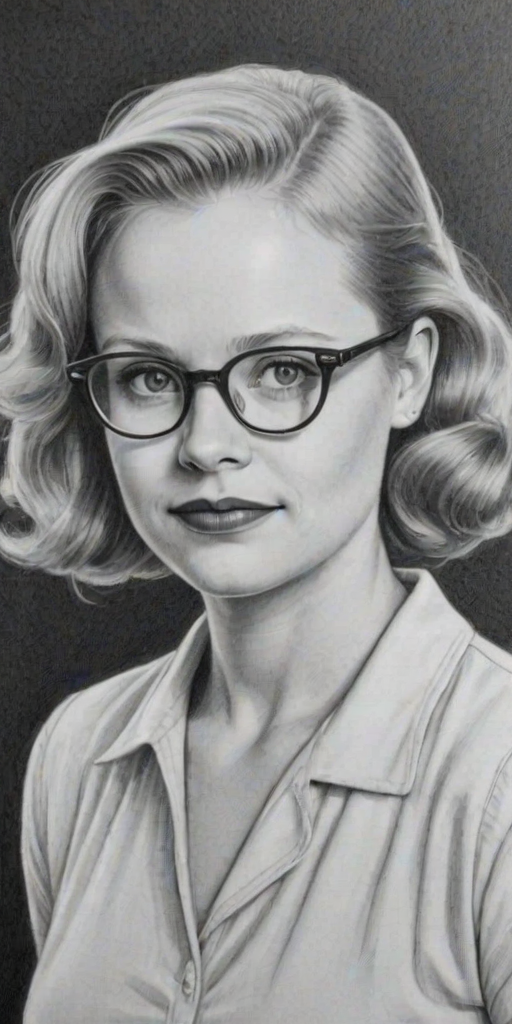Wonderful Lauren Potter, pencil sketch, portrait of Enchanting woman 1942s in glasses, hair style beatnik, outline, clear lines, fine lines, 8k