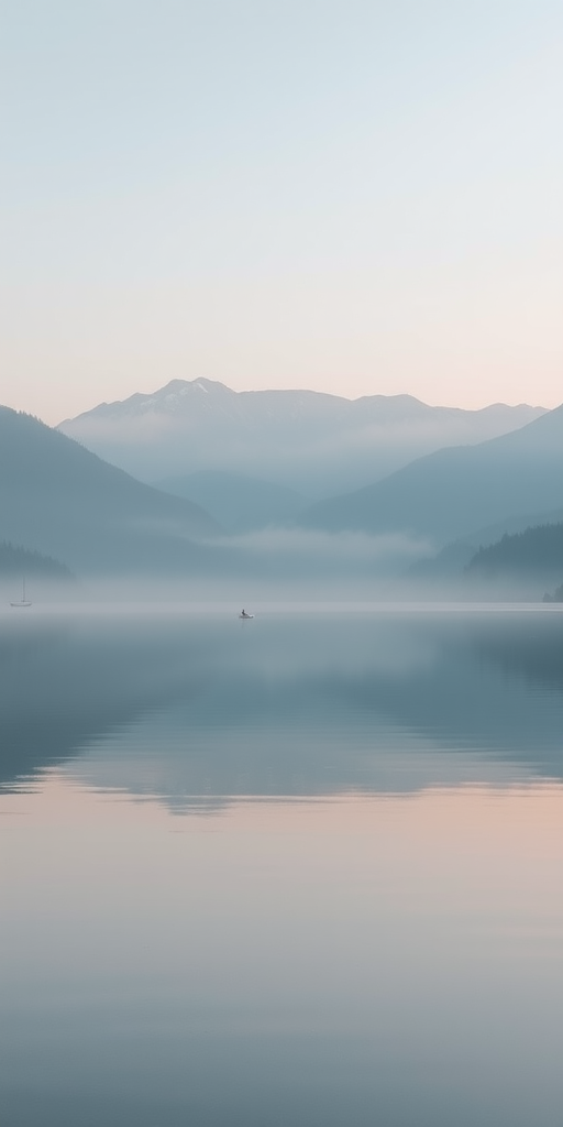 tranquil lake landscape with misty mountains in the background, soft pastel colors, high resolution, f/11 aperture, 24mm lens, ISO 100, sunrise lighting, DSLR camera