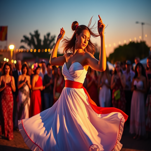 Capture a vibrant scene of a woman dancing gracefully in a flowing white dress with a striking red sash, surrounded by a lively crowd, during sunset; use a DSLR camera with a 50mm lens, aperture f/2.8, ISO 100, and a warm color palette for enhanced depth and emotion.