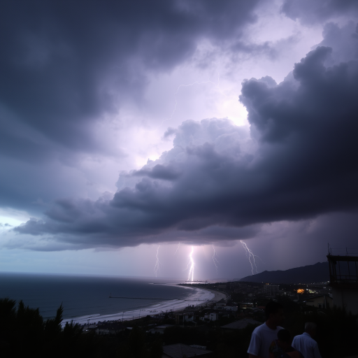 Dramatic thunderstorm over a coastal town, dark clouds rolling in, flashes of lightning illuminating the scene, and people rushing to seek shelter as raindrops begin to fall.