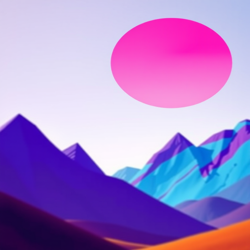 Create a vibrant digital artwork featuring geometric shapes with a large pink circle in the background and purple and blue triangular mountains in the foreground, using a 50mm lens, f/1.8 aperture, ISO 100, and a shallow depth of field to enhance detail and color contrast, shot from a low angle for dramatic perspective, in a digital painting style.