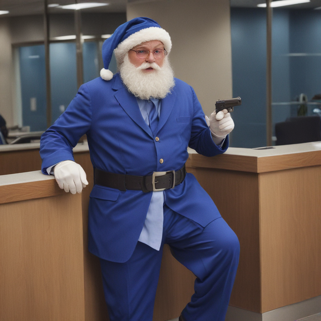 santa in blue suit and blue santa hat without a beard robbing a bank at ...