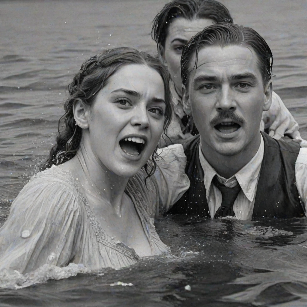 A hyperdetailed photorealistic black and white pencil sketch recreating the iconic scene at the end of Titanic with Jack and Rose floating in the water, only show them making exaggerated funny faces at the camera. Show Rose spitting water at the camera.