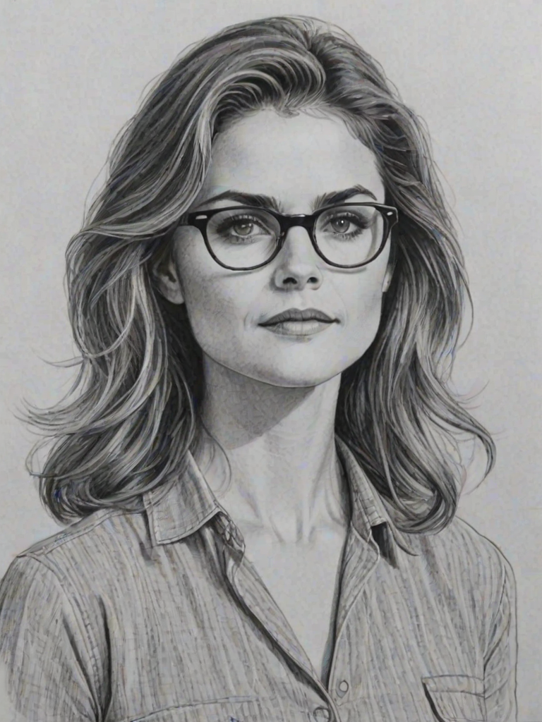 Magnificent Keri Russell, pencil sketch, portrait of Comely woman 1961s in glasses, hair style beatnik, outline, clear lines, fine lines, 8k