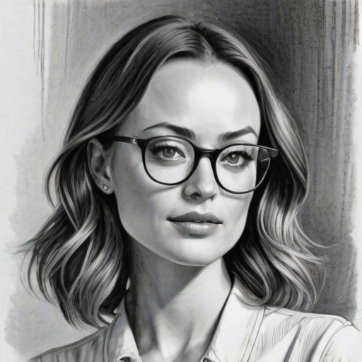 Charming Olivia Wilde, pencil sketch, portrait of Wonderful woman 1939s in glasses, hair style beatnik, outline, clear lines, fine lines, 8k