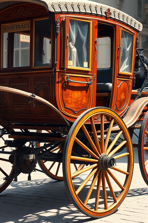 Regenerate an image of a vintage horse-drawn carriage with intricate wooden details and large spoked wheels, captured in a wide-angle view using a DSLR camera with a 50mm lens, aperture set to f/2.8, shutter speed 1/200 sec, ISO 100, in natural light for enhanced clarity and detail.