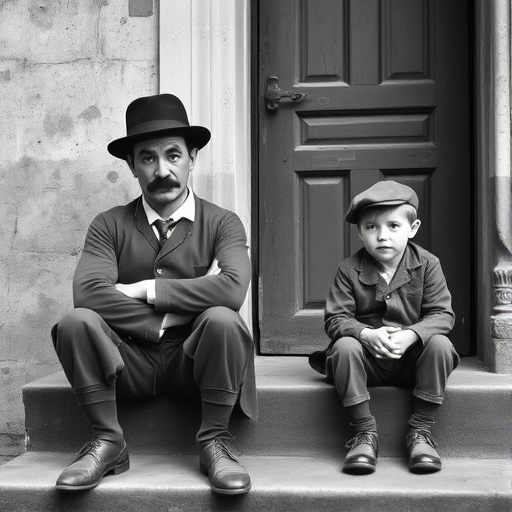 A black-and-white photograph of a man and a child sitting on steps in front of a doorway. The man is dressed as a tramp with a bowler hat, mustache, and ragged clothes, reminiscent of Charlie Chaplin's iconic look. He is sitting with his arms crossed and an expression of slight sadness or frustration. Next to him is a young boy, also in worn clothes and a cap, sitting with his hands clasped, looking thoughtful. The background is an old, textured wall and a partially open door, creating a vintage, early 20th-century atmosphere.
