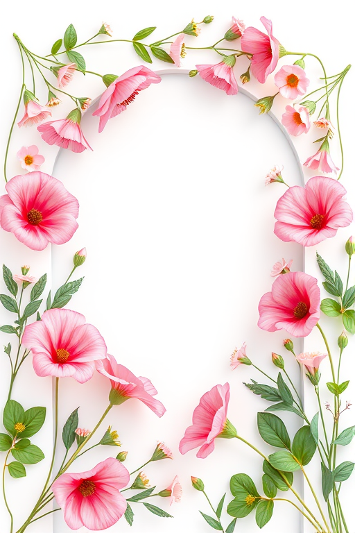 generate an illustration of a floral frame featuring pink and green flowers arranged around an arched white background, using a Canon EOS R with a 50mm lens, aperture set to f/2.8, ISO 100, soft natural lighting, and a minimalistic style