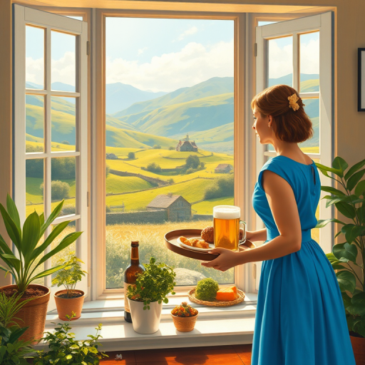 In "A Glass of Beer on the Highland," a serene scene is depicted in a sunlit room where a woman in a vibrant blue dress stands by a large window. She holds a tray with a hearty meal and a frothy glass of beer, embodying a moment of relaxation. Outside, the breathtaking highland landscape features rolling green hills and a charming traditional house, all bathed in warm afternoon light. The interior is adorned with potted plants, creating a harmonious blend of comfort and nature. The painting beautifully captures the tranquility and joy found in simple pleasures amidst stunning scenery