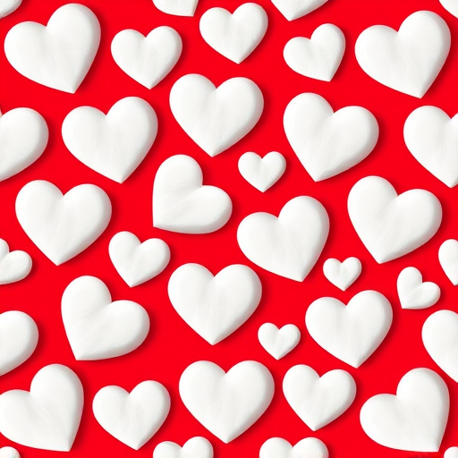 Create a seamless pattern of white hearts on a red background, photographed with a DSLR camera, 50mm lens, f/2.8 aperture, ISO 100, and using natural lighting for enhanced detail and vibrant color.