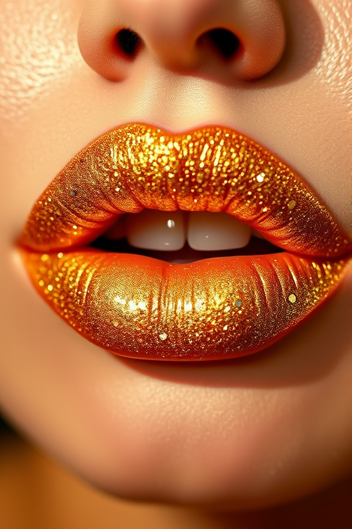 Glittery gold lips with a sparkling finish, named "Golden Hour," showcase a luxurious, light-catching effect and warm undertones for a glamorous look