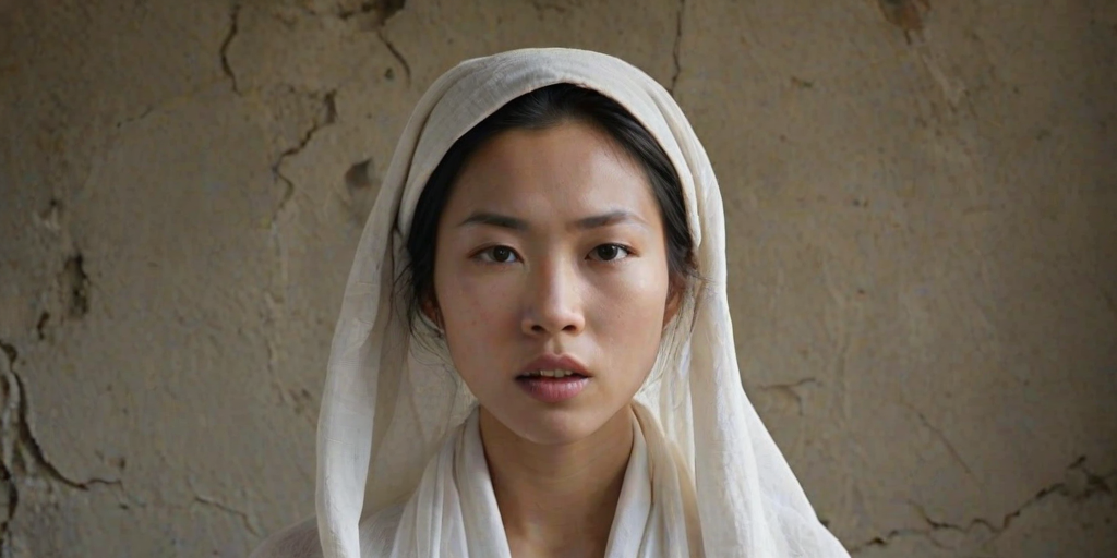 Create a close-up photographic image of a Asian woman with light skin tones shown against an old, worn wall. Their head is wrapped in a white cloth covering (i.e.... parts of the head except the nose and mouth, which are open as if they are screaming...), with a slight texture and visible folds in the fabric. Thin strands of blonde hair escape from the wrapping above, falling lightly at the top and sides. Their hands hold the fabric as if they are tugging nervously. The lighting is dramatic and even, casting strong shadows. The image has a minimalist and surreal style with an emphasis on simplicity with soft color tones. The composition is centered.