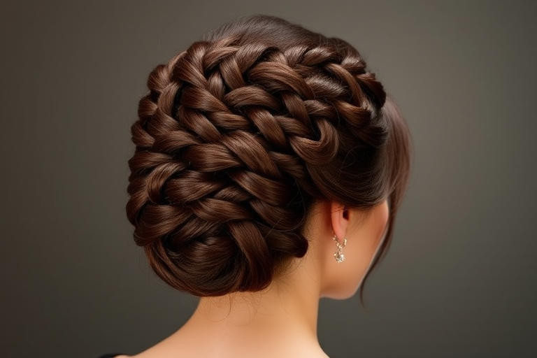 Rich mahogany brown hair styled in a sleek, low chignon with an intricate braided crown, embodying timeless elegance in the "Regal Empress" updo