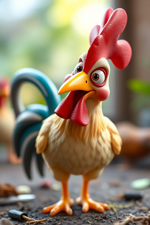 Create a 3D cartoon chicken character with exaggerated features and vibrant colors, captured with a DSLR camera at f/2.8, ISO 100, 50mm lens, in soft natural lighting, using a shallow depth of field to enhance the focus on the chicken against a blurred background.