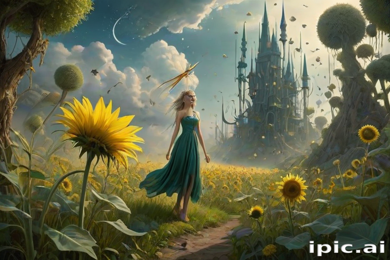 A surreal allegory featuring ethereal fairies, towering sunflowers, and an enigmatic witch, all set within a dreamlike landscape. The scene is dominated by a colossal dandelion, its delicate seeds floating through the air, reminiscent of Yves Tanguy's abstract forms. The environment is a blend of otherworldly elements and natural beauty, with twisted, elongated shapes and surreal colors that evoke a sense of mystery and enchantment.