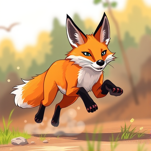 Create a vibrant illustration of a running fox with a dynamic pose, using a digital art style, captured with a 50mm lens with an aperture of f/2.8, in a bright outdoor setting, high-resolution image with a focus on the fox's movement and colors.