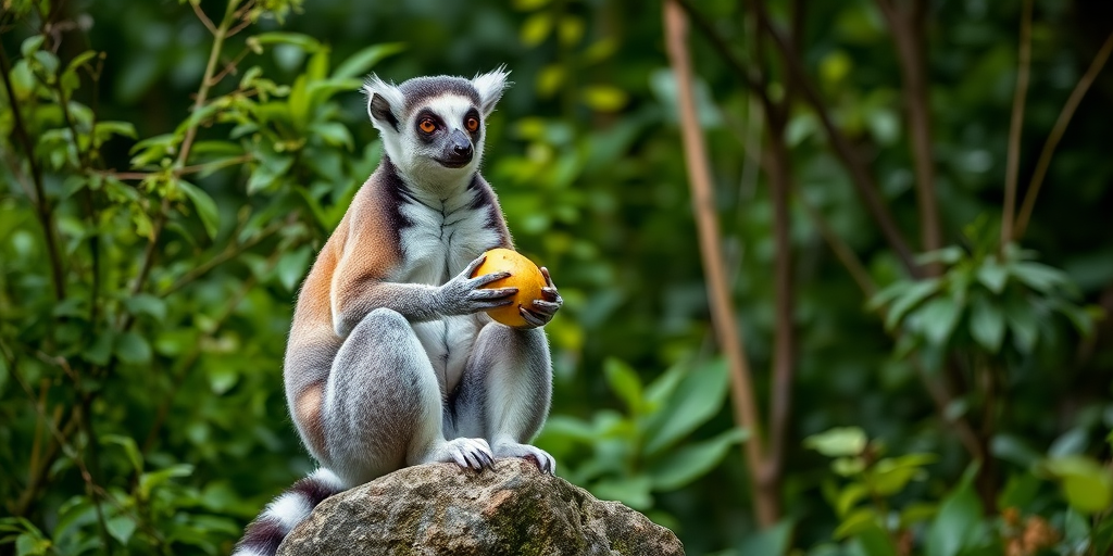 A lemur sitting on a rock, holding a piece of fruit, surrounded by lush green foliage, captured with a Canon EOS 5D Mark IV, 85mm lens, f/5.6 aperture, ISO 400, natural lighting, shallow depth of field for a soft background.