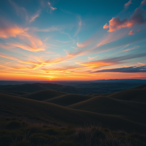 Generate a high-resolution image of a scenic landscape featuring rolling hills and a sunrise sky, using a Canon EOS R5 camera with a 24-70mm f/2.8 lens, ISO 100, aperture f/8, shutter speed 1/200 sec, captured in a wide-angle view with vibrant colors and high dynamic range.