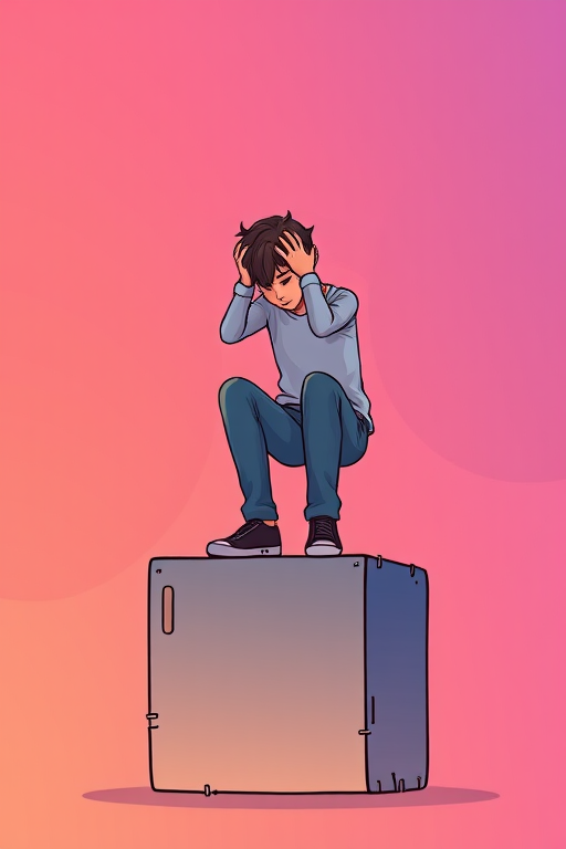 Create an illustration of a person sitting on a block, holding their head in their hands, with an abstract gradient background, using a digital art style; settings: 50mm lens, f/1.8 aperture, 1/125 sec shutter speed, ISO 100, high contrast.