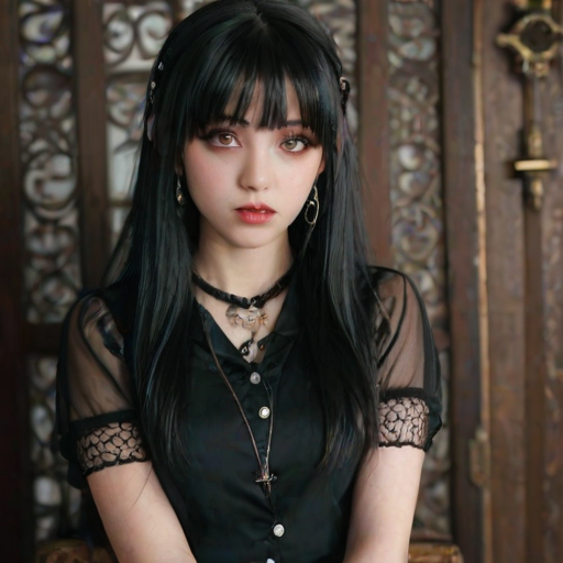 1girl, solo, long hair, looking at viewer, bangs, shirt, black hair, hair ornament, red eyes, jewelry, closed mouth, upper body, short sleeves, earrings, hairclip, indoors, blunt bangs, necklace, black shirt, makeup, piercing, ring, cross, ear piercing, fishnets, black nails, watch, head rest, red lips, wristwatch, gothic