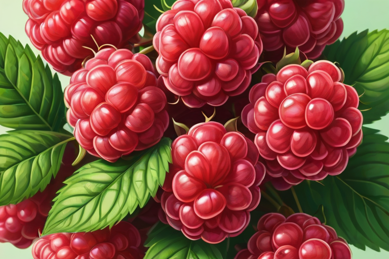 create a cartoon-style illustration of a cluster of pink raspberries with green leaves on a simple background