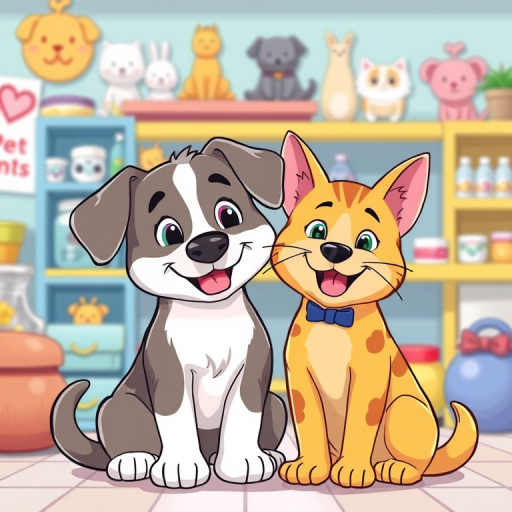 Create a colorful, cartoon-style illustration of a happy dog and cat sitting together in a pet shop setting, high-resolution, low aperture f/2.8, 50mm lens, soft focus background, vibrant colors.